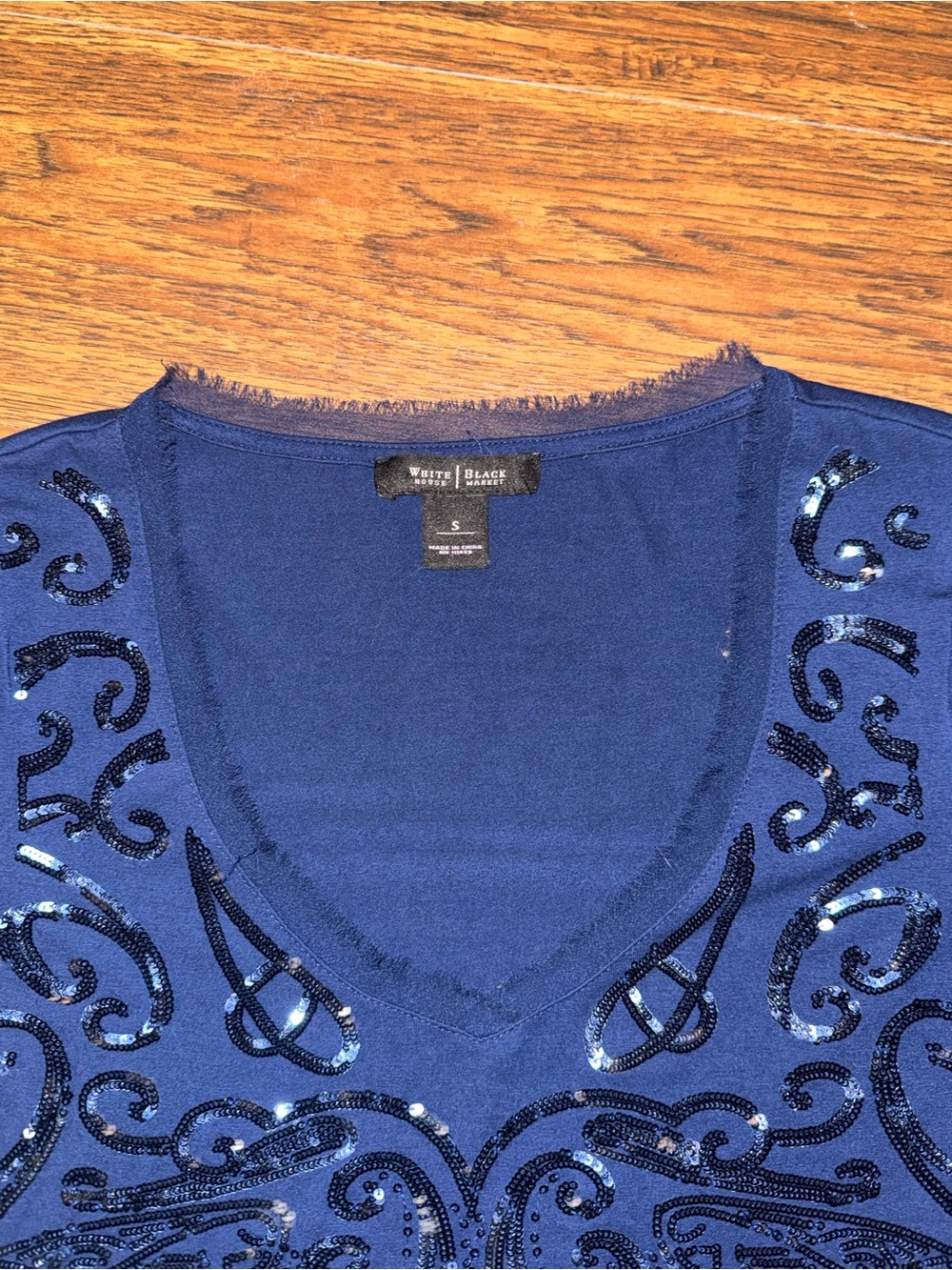White House Black Market Navy Blue Sequin V-Neck Blouse